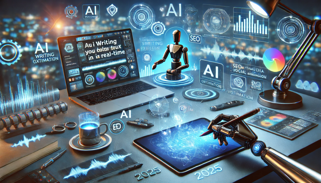  A sleek laptop displays an AI writing assistant generating text in real-time, while a holographic screen showcases an advanced AI video editor. Nearby, a robotic arm sketches digital art on a tablet, and an AI-powered microphone records voiceovers with waveform visualizations.