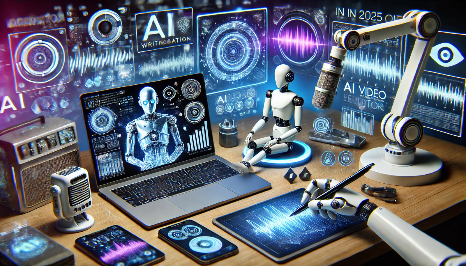 A futuristic workspace filled with cutting-edge AI-powered tools for content creation. A sleek laptop displays an AI writing assistant generating text in real-time, while a holographic screen showcases an advanced AI video editor.