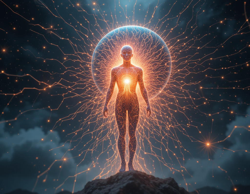  A futuristic digital artwork depicting a glowing, ethereal Human silhouette merging with a radiant, circuit-like AI entity against a cosmic background of stars and data streams. The scene symbolizes the blending of human and artificial intelligence at the Singularity.
