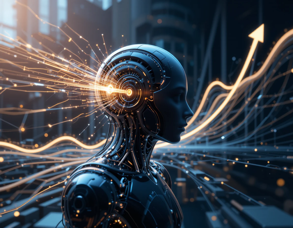 A dynamic illustration of a sleek, advanced AI system (resembling a futuristic computer or robot) emitting waves of light and energy, with abstract graphs and exponential curves rising in the background. The image captures the concept of recursive self-improvement and rapid technological growth.
