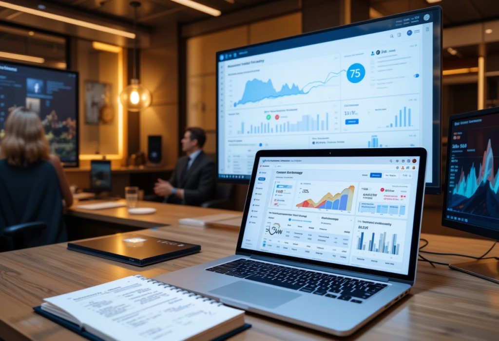 A digital marketing dashboard displaying content performance analytics, including graphs, charts, and user engagement metrics.