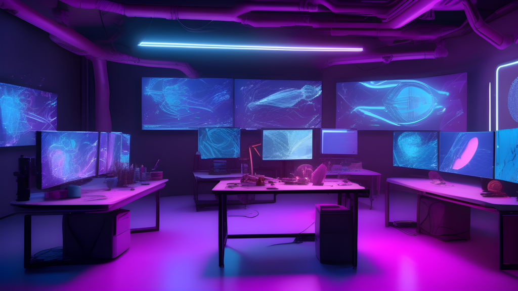 A futuristic digital artist’s workspace where an AI-powered robotic arm paints on a digital canvas. The screen showcases an AI-generated abstract artwork blending human and artificial creativity. The environment is illuminated by neon blue and purple lights, reflecting an advanced tech-driven studio. The atmosphere is artistic yet high-tech, symbolizing the evolution of art in the AI age.