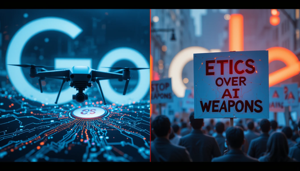 A protest sign reading “Ethics Over Profit” surrounded by faceless protesters (silhouettes) holding “Stop AI Weapons” banners.
 Blurred Google logo with a glowing red caution symbol overlay.