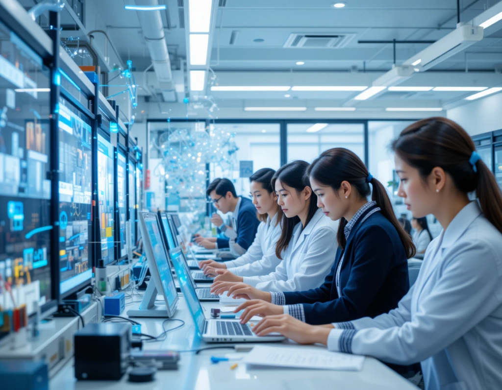 "A diverse group of researchers collaborating in a high-tech lab, symbolizing innovation in AI."

