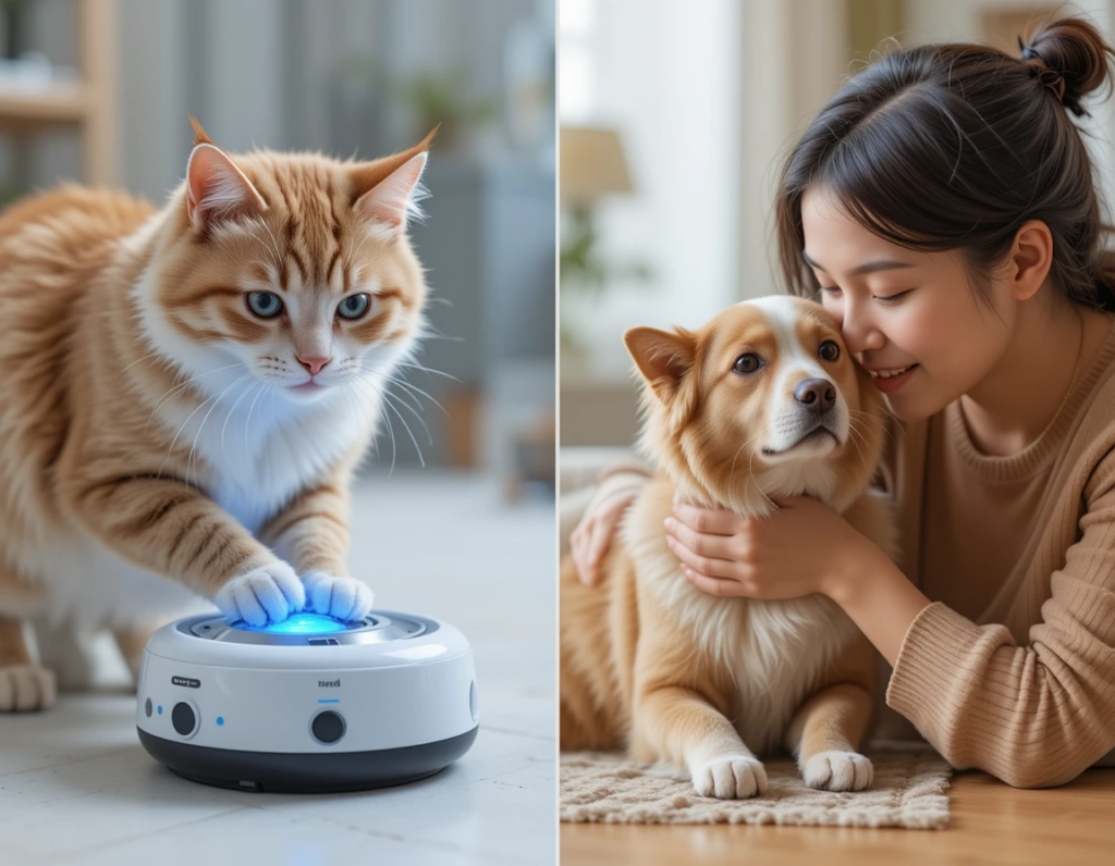 Split view comparing AI pet technology (cat with smart toy) and traditional pet care (human-pet bonding moment), illustrating the balance needed in modern pet ownership.