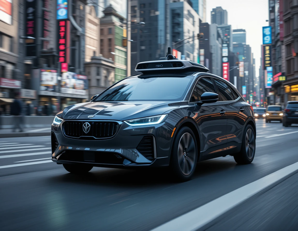A sleek self-driving car navigating a bustling cityscape, with glowing indicators highlighting its sensors and cameras.