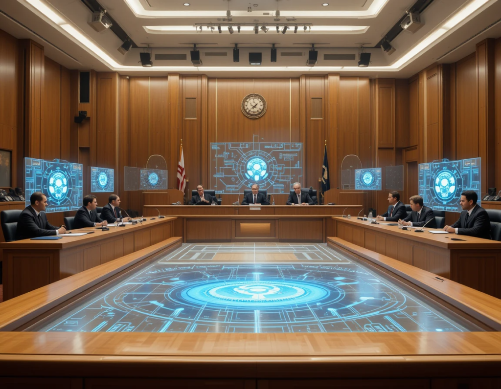A developer working alongside an AI assistant projected onto a dual-monitor setup, symbolizing human-AI collaboration.