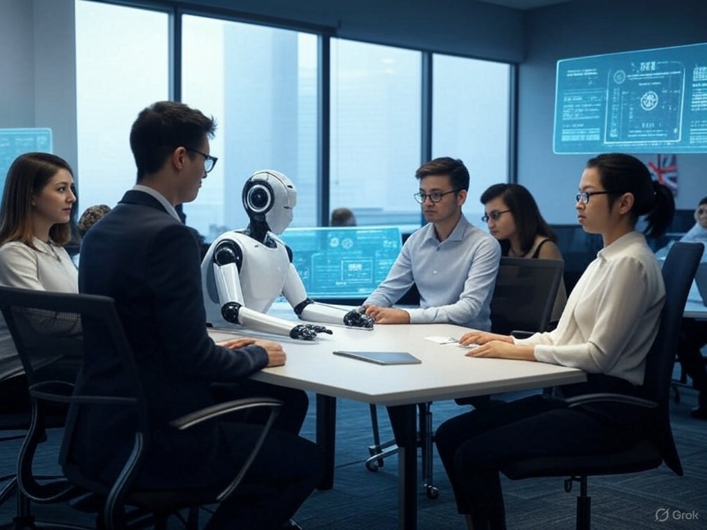 A futuristic government office where AI robots and human apprentices collaborate, surrounded by holographic screens displaying data and policies, in a sleek, modern design with a British flag subtly in the background." Alt Text: "Futuristic UK government office with AI robots and human apprentices working together amid holographic screens