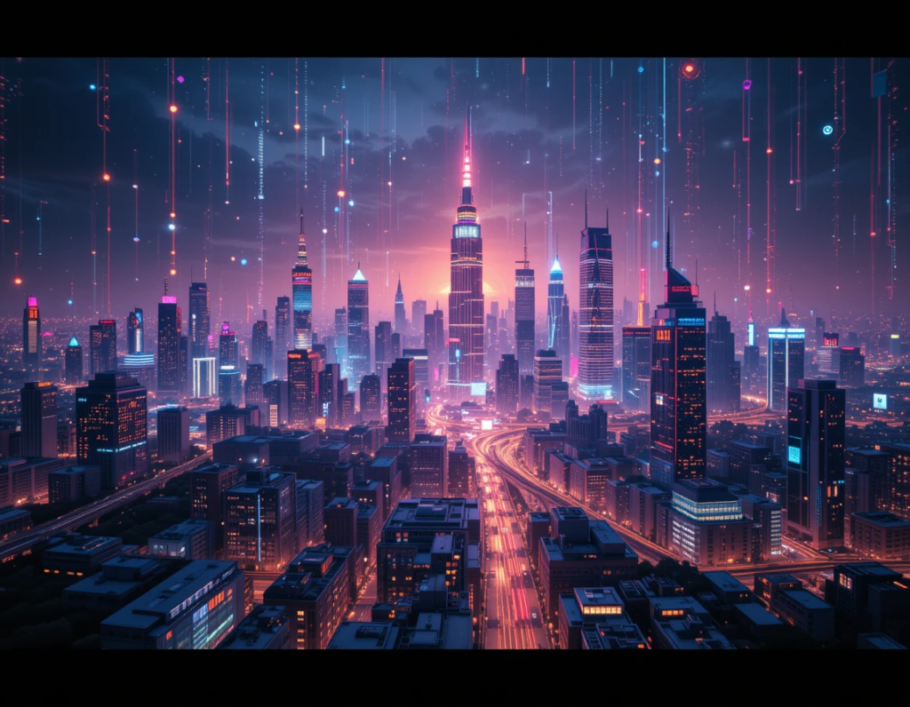 Futuristic city with AI neural network overlay