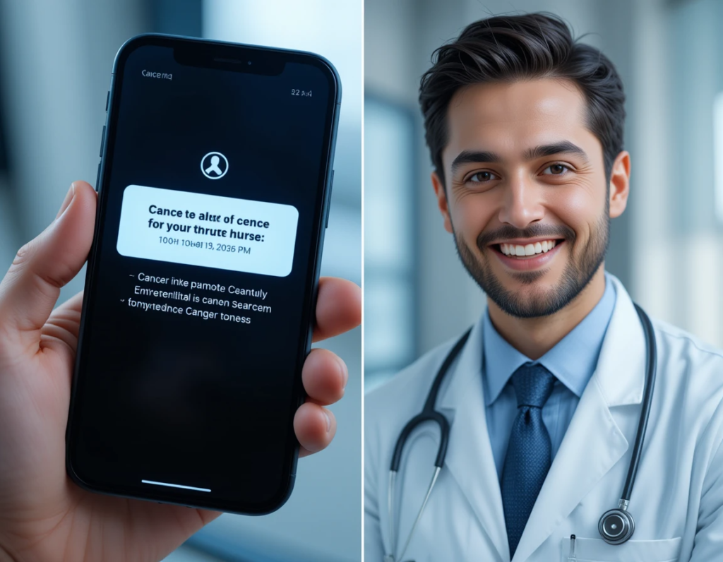 "Split image contrasting a doctor with a stethoscope and a smartphone cancer detection alert, highlighting the human vs. AI divide."