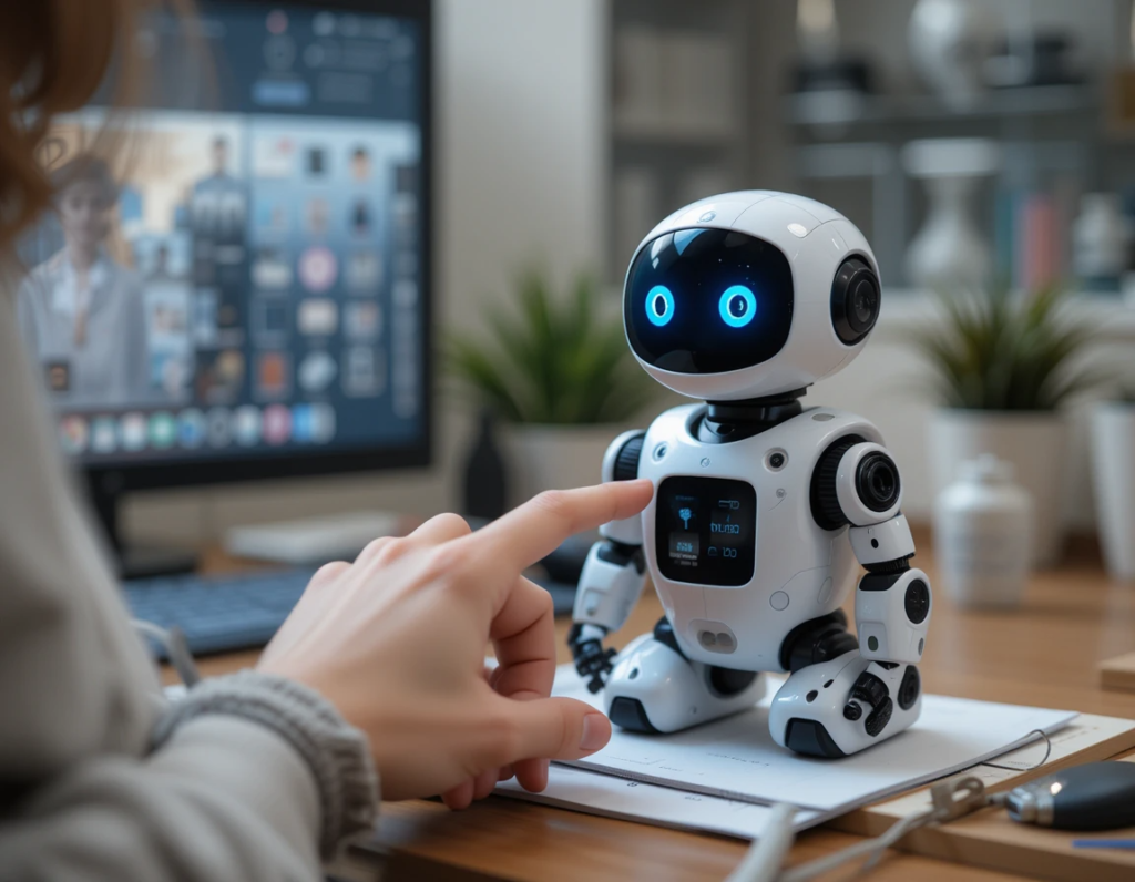 "Person engaging with a small AI pet robot on their desk, demonstrating the emotional connection between humans and miniature robotic companions."
