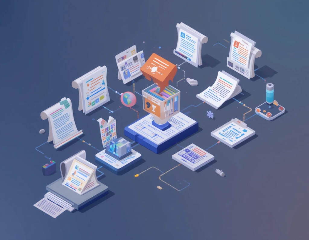  "Isometric illustration of a content creator's workflow showing documents being uploaded to NotebookLM, transforming into multiple content formats (blog posts, social media graphics, audio podcasts, video scripts) flowing outward like a creative pipeline"
