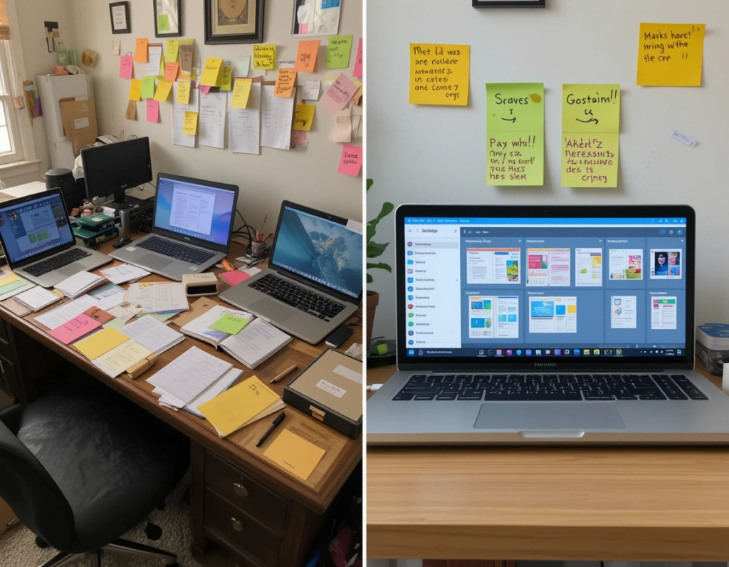 "Split-screen comparison showing a cluttered desk with multiple open laptops, scattered papers, and sticky notes on the left, versus a clean, organized workspace with a single laptop displaying NotebookLM interface and organized digital notebooks on the right"
