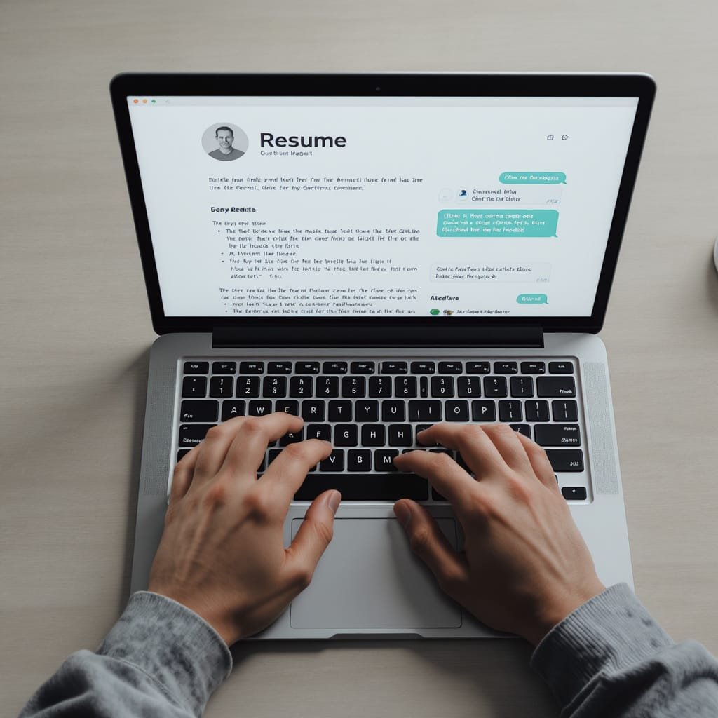 “Laptop screen showing ChatGPT rewriting a resume with AI prompts for job seekers.”