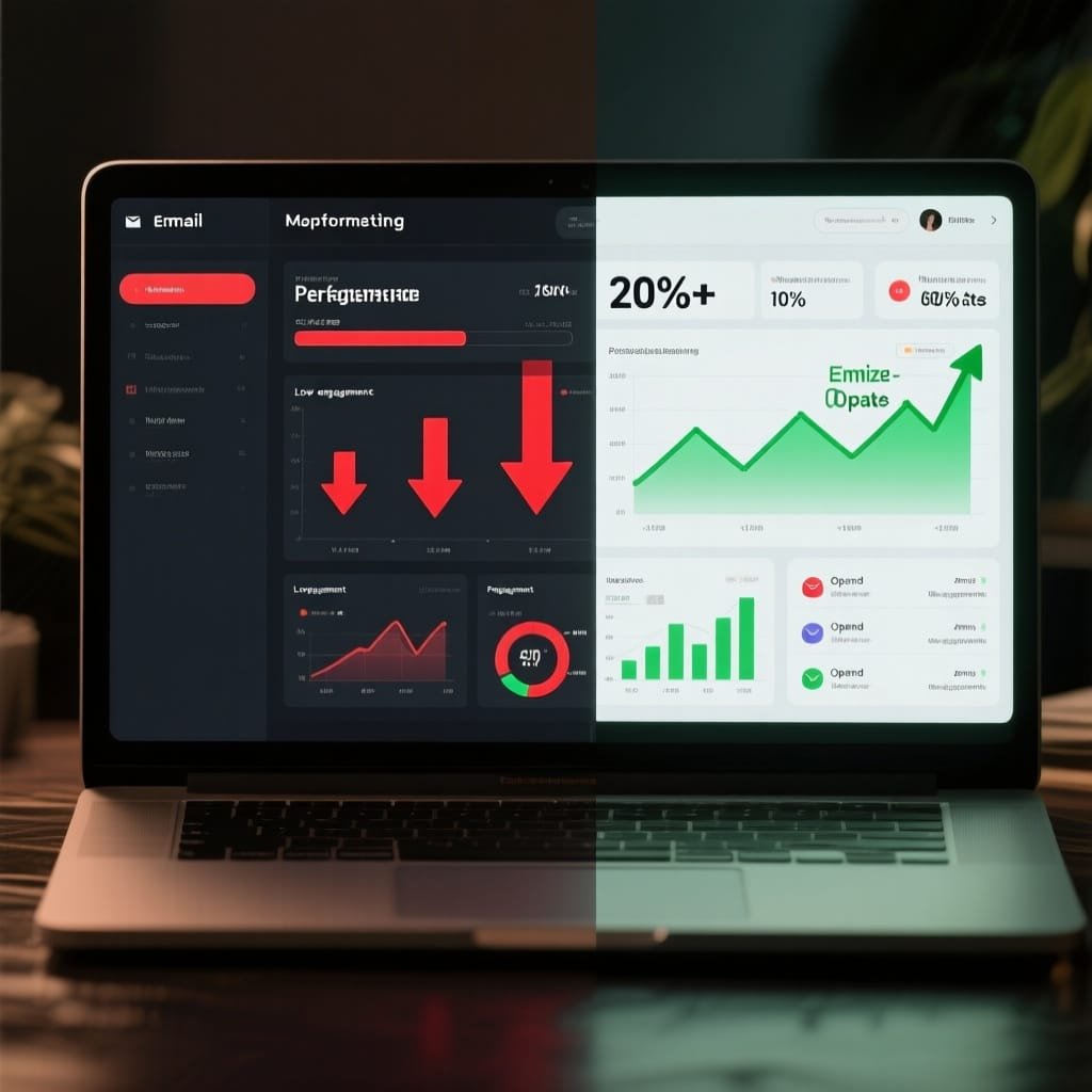Split-screen email marketing dashboard showing poor performance on left (single-digit open rates, low engagement, red downward arrows) versus optimized performance on right (20%+ open rates, green upward trends, multiple opened emails), clean modern interface with charts and metrics, professional marketing analytics visualization"
