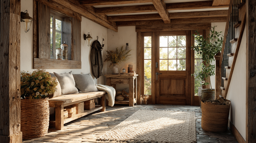A warm and inviting farmhouse entryway, bathed in soft golden hour light, featuring a rustic reclaimed wood console table adorned with vintage decor, a cozy braided rug, and a large woven basket. The walls are painted a creamy off-white, complementing the exposed wooden beams.
