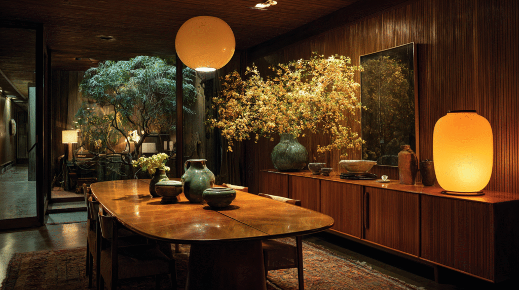 Atmospheric and sophisticated mid-century modern dining room, emphasizing fluid organic shapes and the interplay of warm teak and brass materials. The space is illuminated by soft, indirect ambient lighting, creating a serene and inviting mood. A vintage credenza and a minimalist ceramic sculpture adorn the room.
