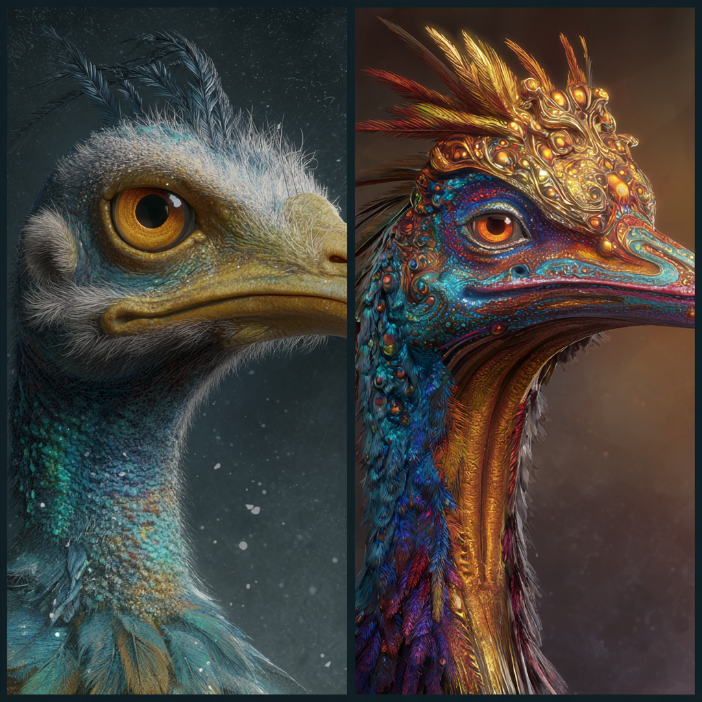 A whimsical split-panel image: on the left, a comically absurd and poorly rendered creature or object, clearly a 'bad example' of AI generation, eliciting a chuckle. On the right, the same creature or object, meticulously refined and beautifully rendered with intricate details and vibrant colors, showcasing a dramatic improvement. Artstation, highly detailed, fantasy art, dramatic lighting, side-by-side comparison, photorealistic.

