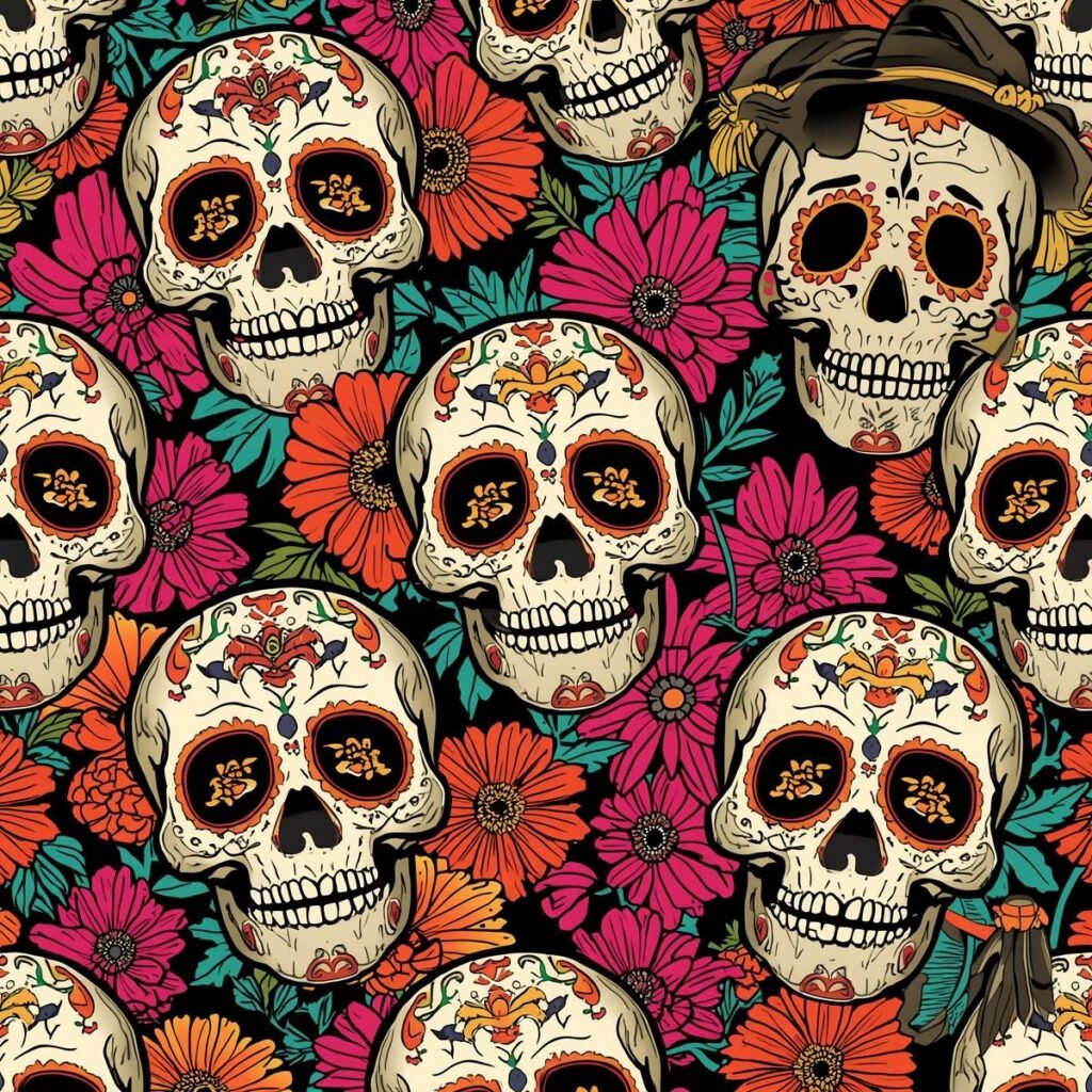 Professional pop art style design of a Halloween pattern featuring intricate, playful sugar skull illustrations engaged in a game of charades with exaggerated, funny gestures and puzzled expressions, surrounded by marigold flowers.