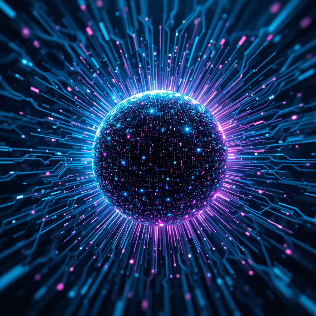 An abstract representation of data flowing and converging into a small, powerful sphere, symbolizing compact AI processing. Dynamic lines, vibrant colors (blues, purples, greens), digital art, high resolution, energetic feel, futuristic glow.
