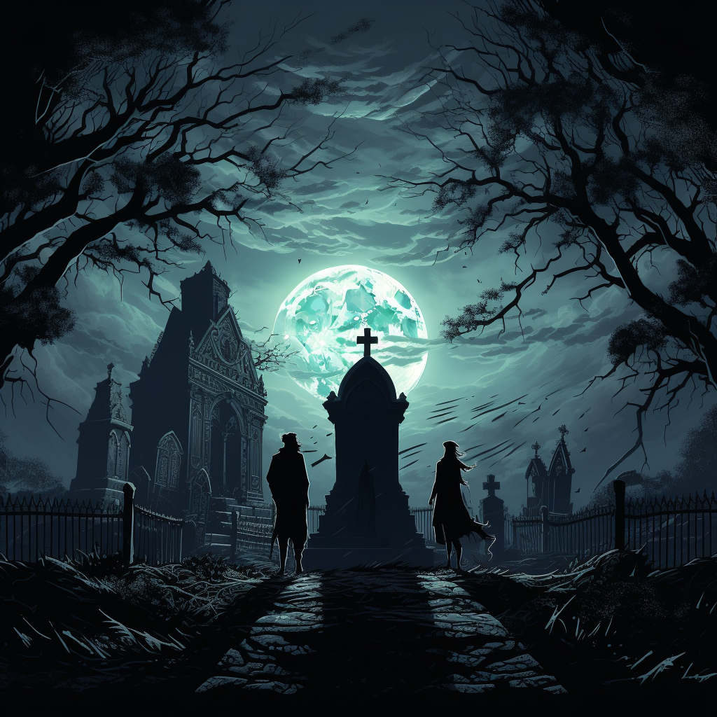 
Dynamic illustration of three skeletal figures in a macabre dance within a gothic, moon-drenched graveyard. Sharp, angular tombstones and ornate wrought-iron fences define the scene, with a massive, ancient oak tree silhouetted against a full, luminous moon. The atmosphere is intensely eerie and supernatural.