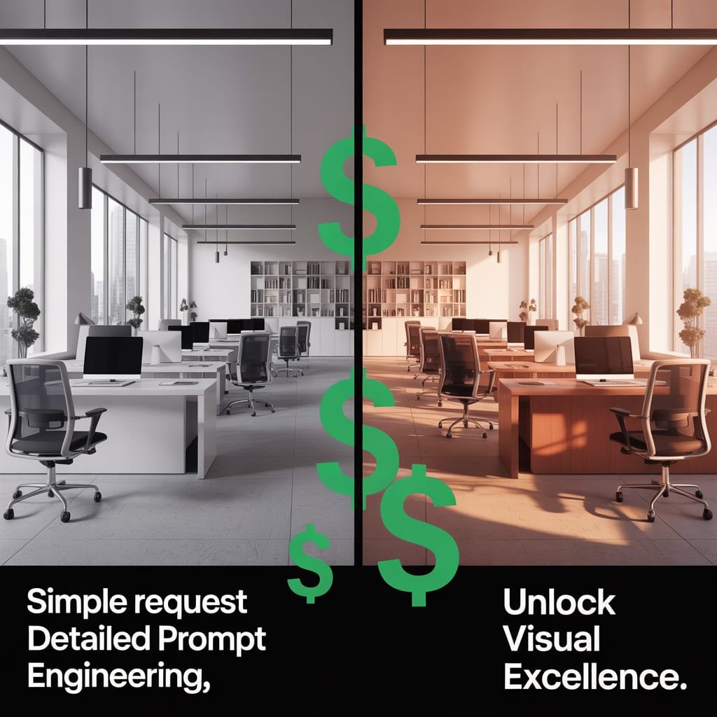 Split-screen showing generic AI output on left (bland, unfocused result) versus professional prompt output on right (polished, on-brand result), visible prompt text at bottom showing the difference in instructions, green dollar signs on right indicating monetization value, clean professional design"
