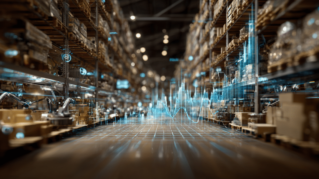 AI running a warehouse with profit margins climbing with efficiency