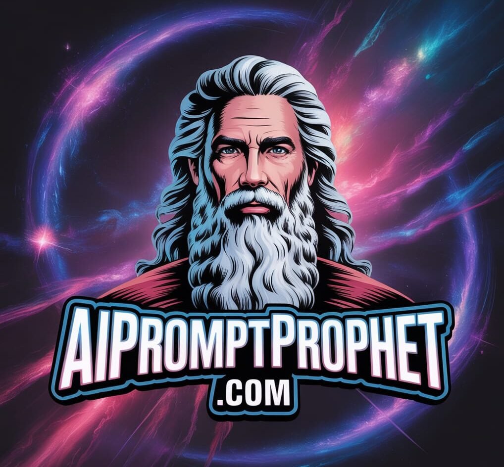 a striking logo centered around the text "AIPROMPTPROPHET.COM" in a bold, glowing neon font with electric blue outlines. Behind the text stands a wise, ancient prophet with flowing silver hair and a meticulously braided white beard, his gaze fixed intently on the viewer, radiating