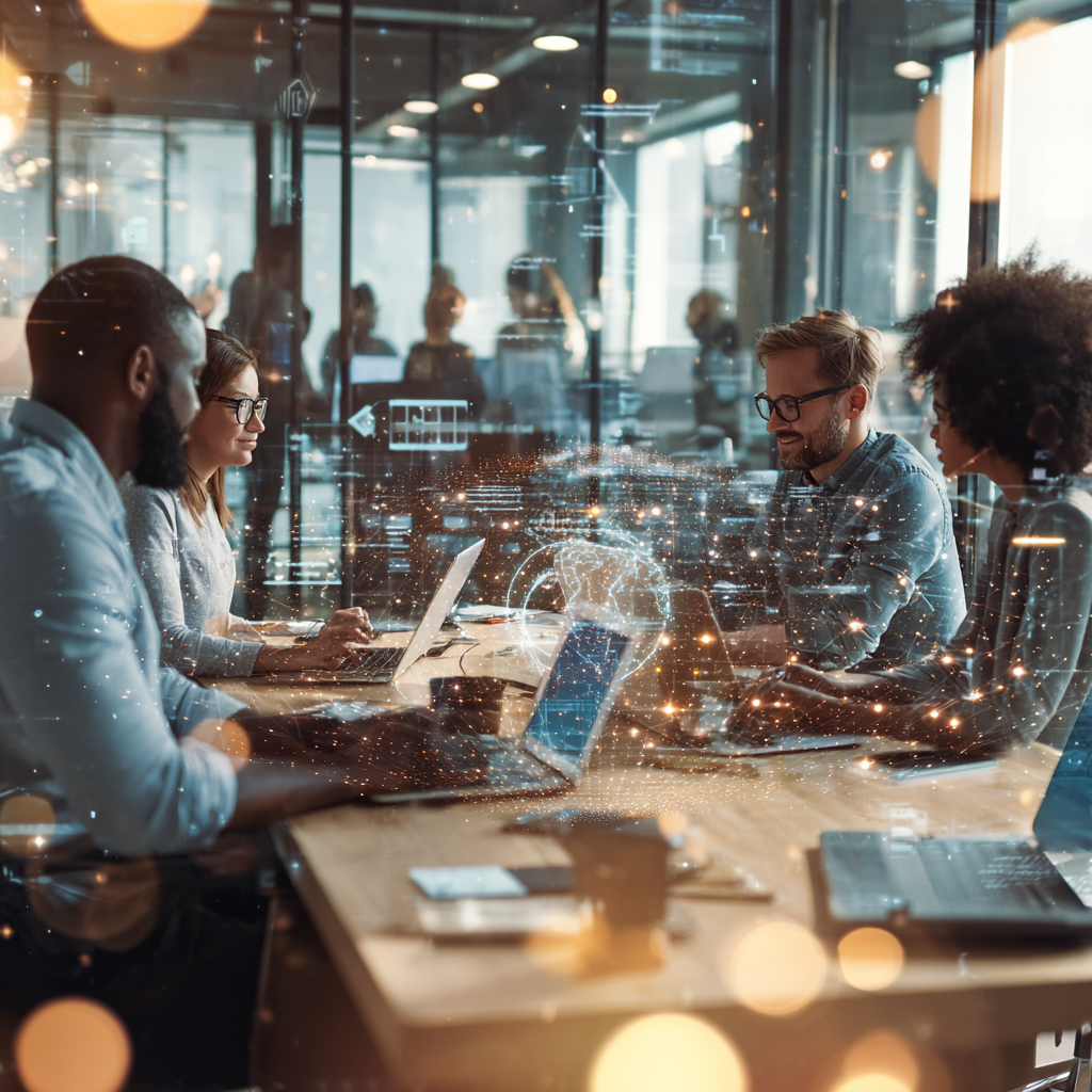 Business team using AI agents for enhanced productivity and automation in a modern office.
