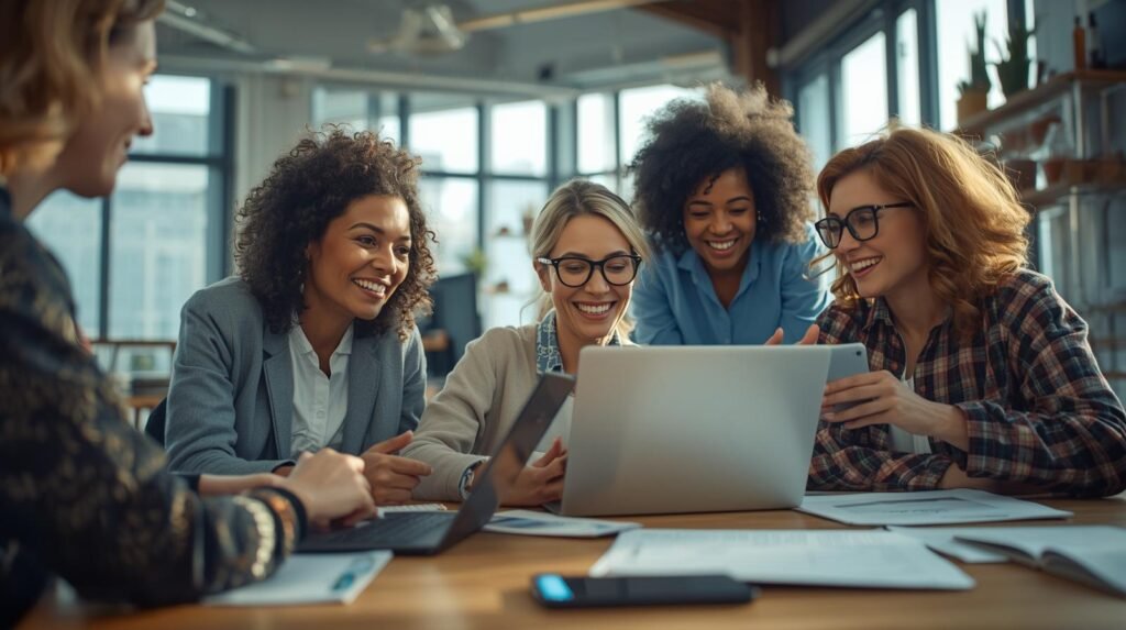 group of non-technical professionals, including a middle-aged small business owner, a young artist, and an experienced teacher, from various ethnic backgrounds, are actively collaborating and interacting with user-friendly AI tools. They are gathered in a bright, modern co-working space or a relaxed home office, exhibiting genuine enthusiasm and engaged expressions as they use sleek laptops and tablets. Photorealistic, ultra-detailed, 8k, award-winning editorial photography, cinematic lighting. Soft, warm, diffused natural light from large windows, creating an inviting and optimistic ambiance. 
