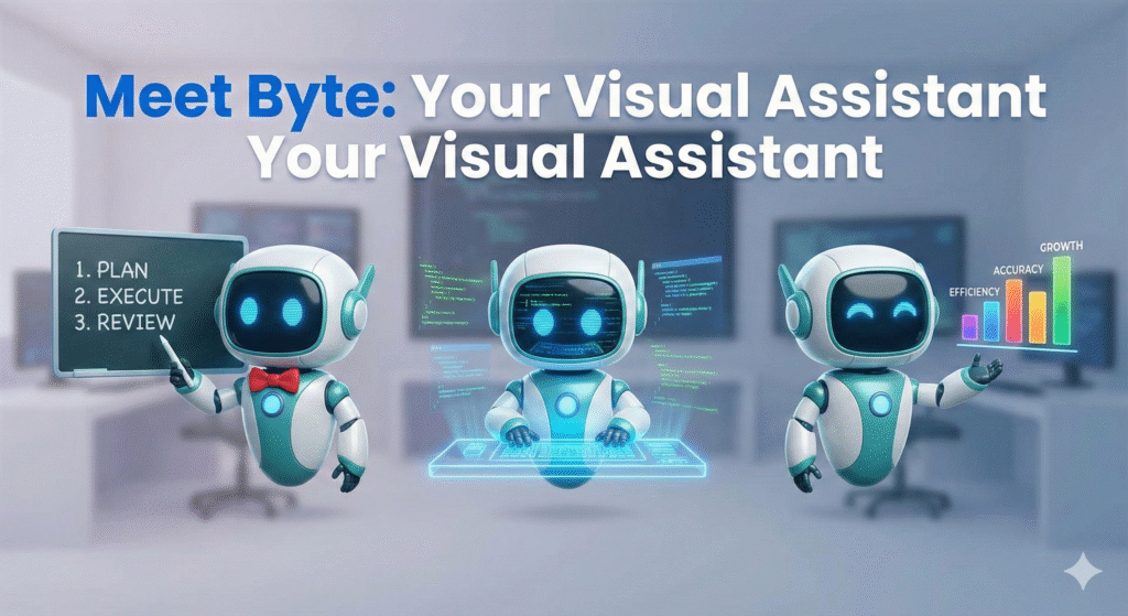 A consistent cartoon character, a friendly robot named 'Byte', shown in three different poses and outfits