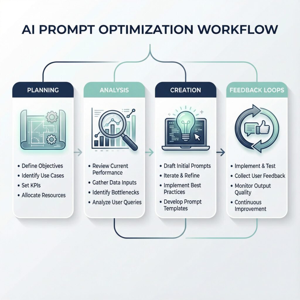 Workflow diagram illustrating steps to implement business AI prompt packages for efficiency