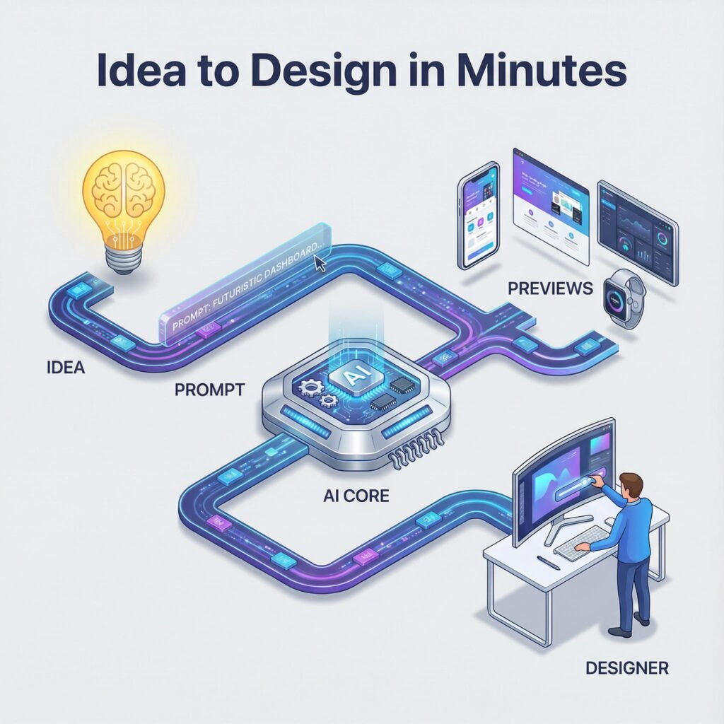 An infographic illustrating the streamlined workflow of using AI prompts: from concept ideation to generating multiple design variations and final refinement.
