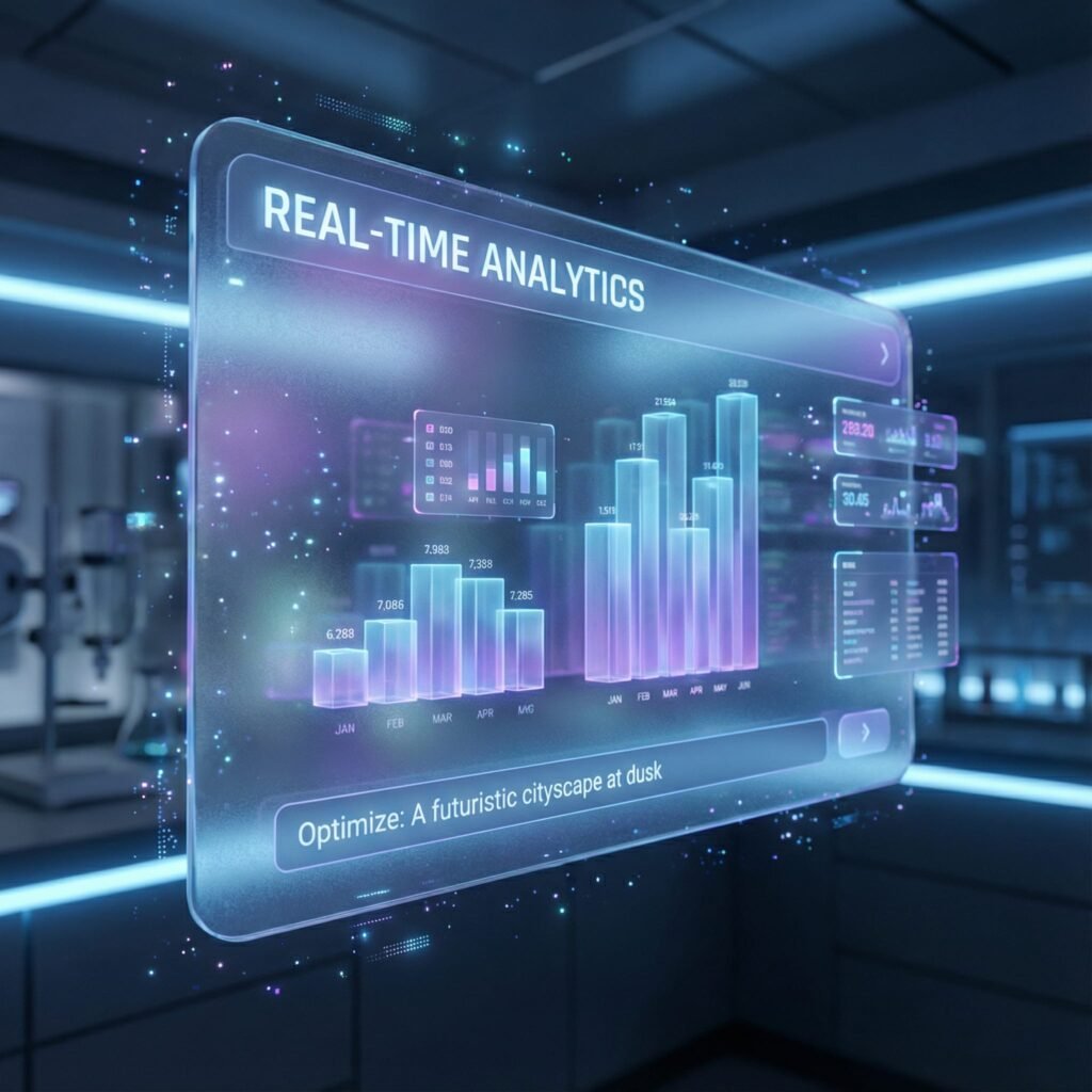 futuristic dashboard interface for an AI prompting subscription service, displaying various prompt optimization tools, 
real-time analytics, and a prompt library. The aesthetic is clean, dark mode, with vibrant data visualizations 
and holographic elements