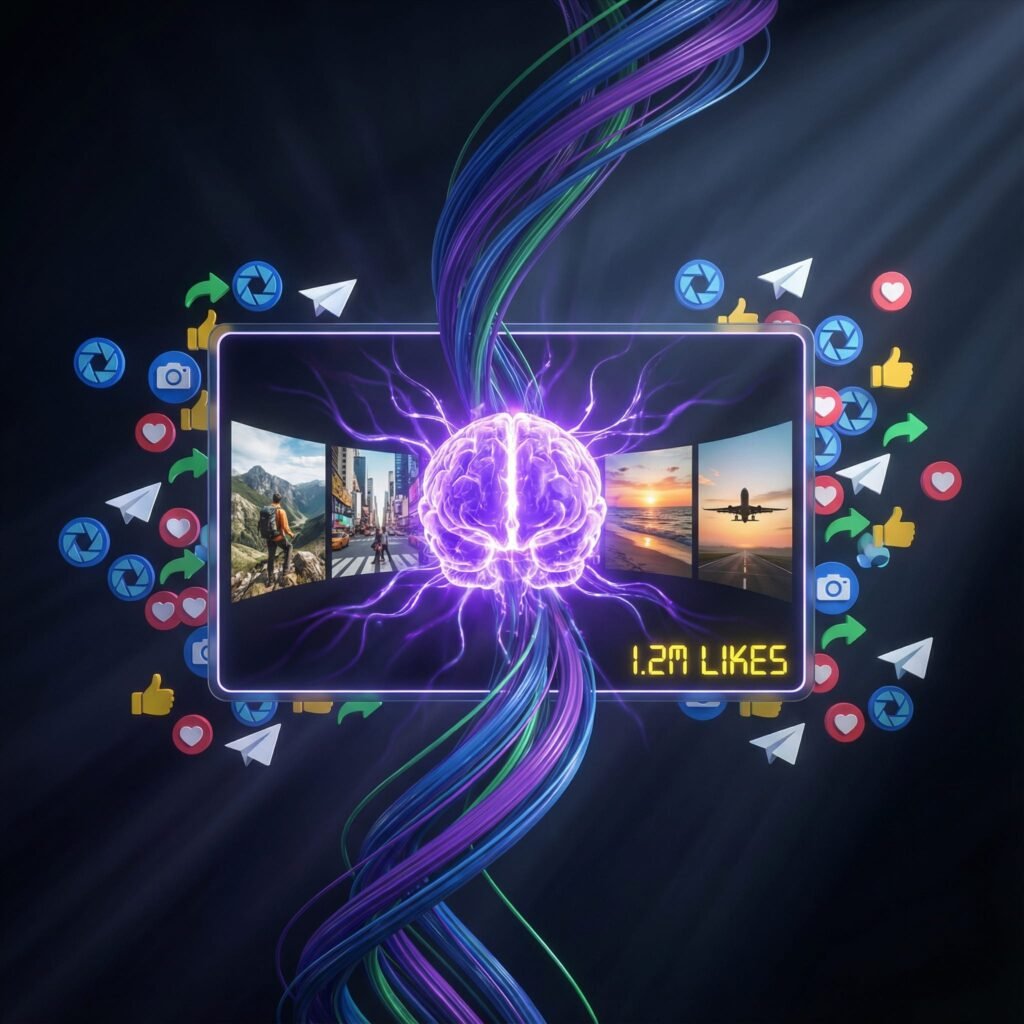 An abstract representation of an AI brain, with data streams flowing into a visual representation of a short, engaging video clip