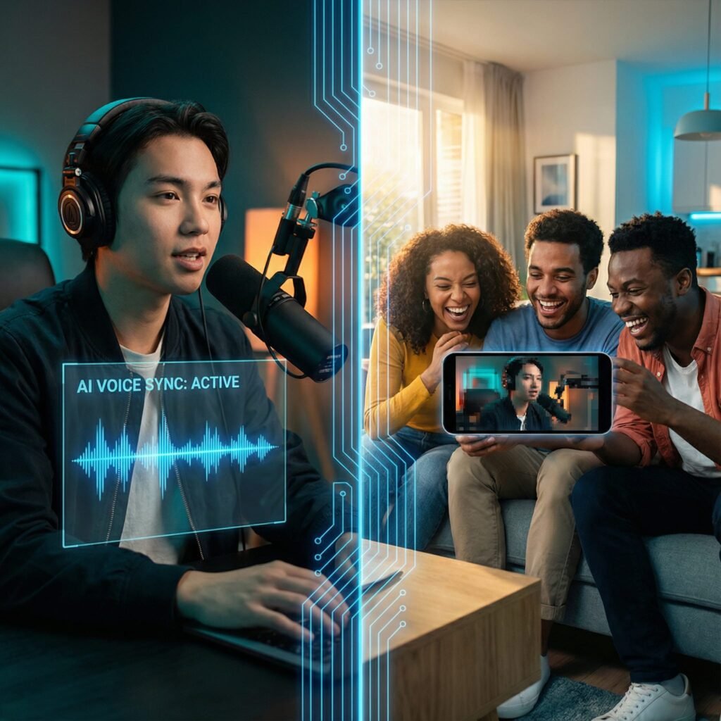 Smartphone displaying a captivating short-form video generated by artificial intelligence, with social media engagement icons
