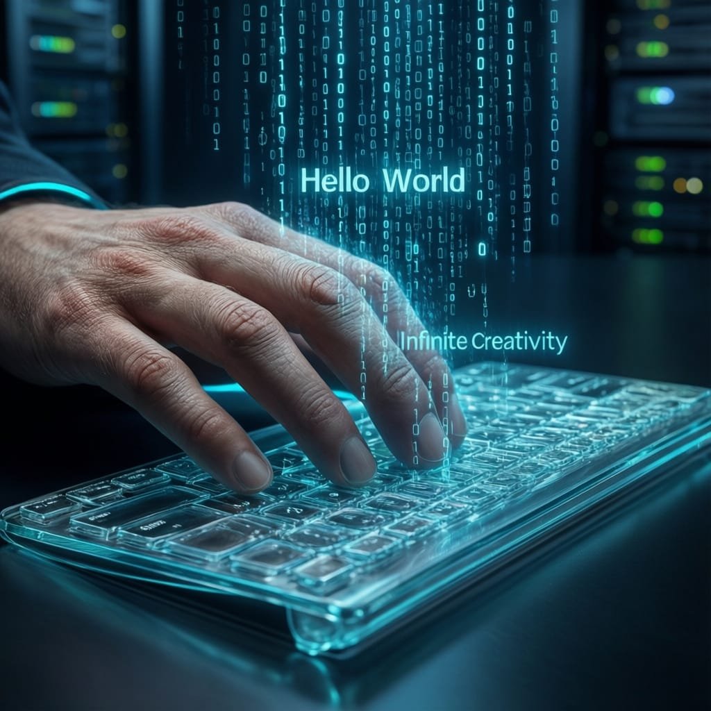 A close-up of a human hand with realistic skin texture typing on a sleek, transparent glass keyboard.