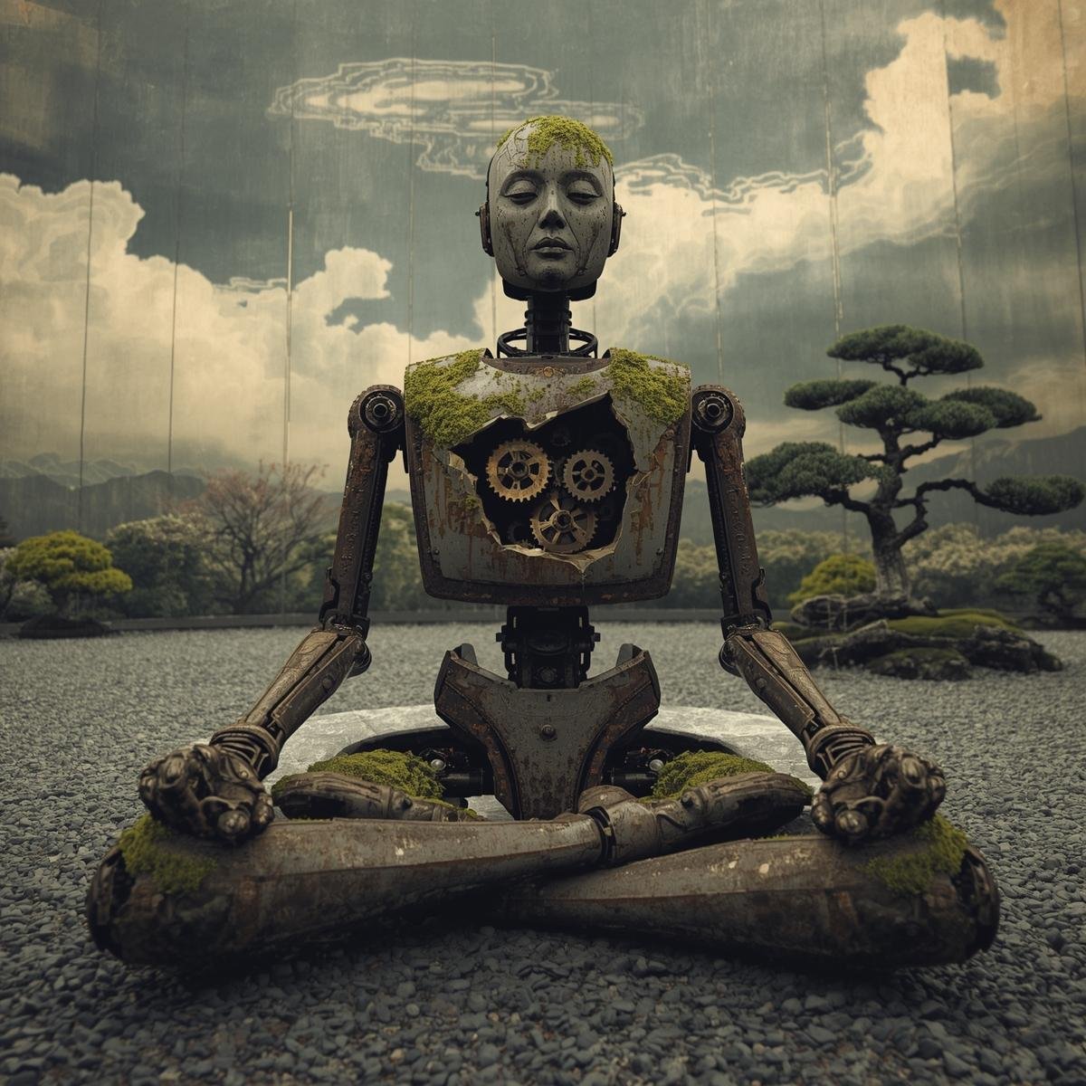 A weathered, ancient robot with rusted joints and patches of vibrant green moss sits in a cross-legged meditation pose.