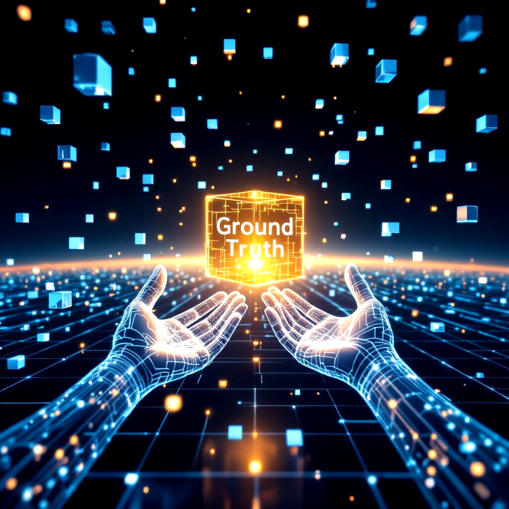 A vast digital landscape stretches toward a dark horizon, filled with thousands of floating blue geometric prisms representing data points. In the center of the frame, a pair of ethereal, translucent hands made of shimmering white light reach out to grasp a single, intensely glowing golden cube. The golden cube is labeled with the text 'GROUND TRUTH' in a clean, sans-serif font. The light from the cube casts a warm radiance across the translucent fingers of the AI hands, highlighting their intricate, circuit-like internal structures. The background features a faint, receding grid of cyan lines on a deep black floor. The scene is rendered in a sharp, cinematic 3D style with a shallow depth of field that keeps the focus on the moment of contact.
