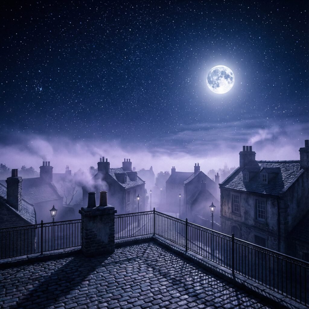 cinematic nightscape view from a cobblestone rooftop terrace overlooking a quiet, sleepy town.