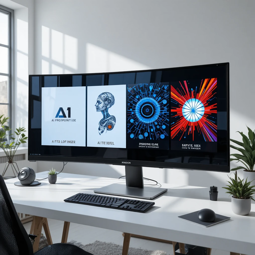 A wide-angle shot of a clean, minimalist design studio workspace. On a large, ultra-wide digital monitor, a collage of four distinct AI-generated works is displayed in a row. The works include a sophisticated minimalist logo, a whimsical character concept art piece, an intricate procedural abstract pattern, and a high-energy marketing poster. Directly beneath each of these four artworks on the digital screen, the text 'AI Prompted Design' is rendered in a sharp, clean, white font. The studio environment is bathed in soft, natural morning light coming from an off-screen window, creating subtle reflections on the monitor's glass. The color palette is dominated by neutral whites and grays, allowing the vibrant colors of the digital art to stand out.
