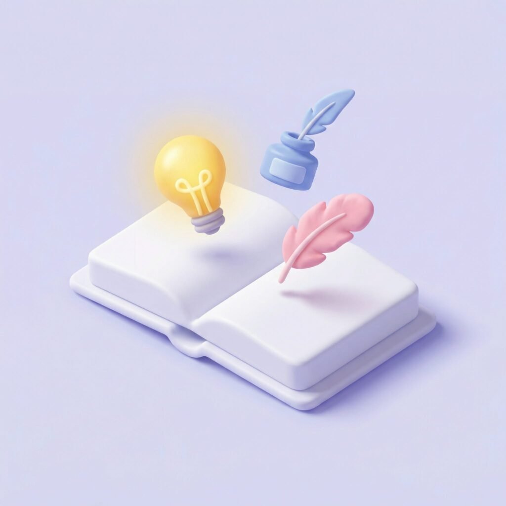 3D isometric view of an open digital book with floating creative icons and lightbulbs representing writing prompts.