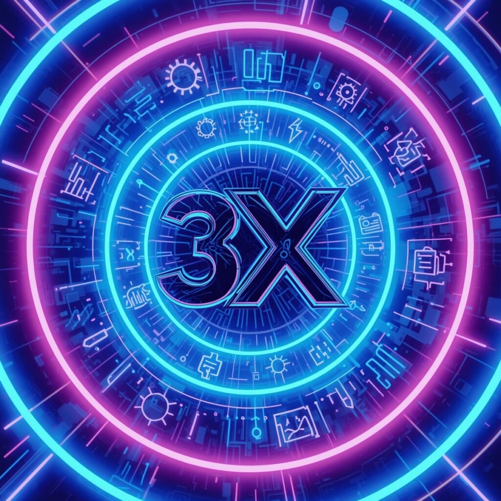 A stylized, three-dimensional 3X symbol forged from polished chrome, floating in the center of a neon vortex.