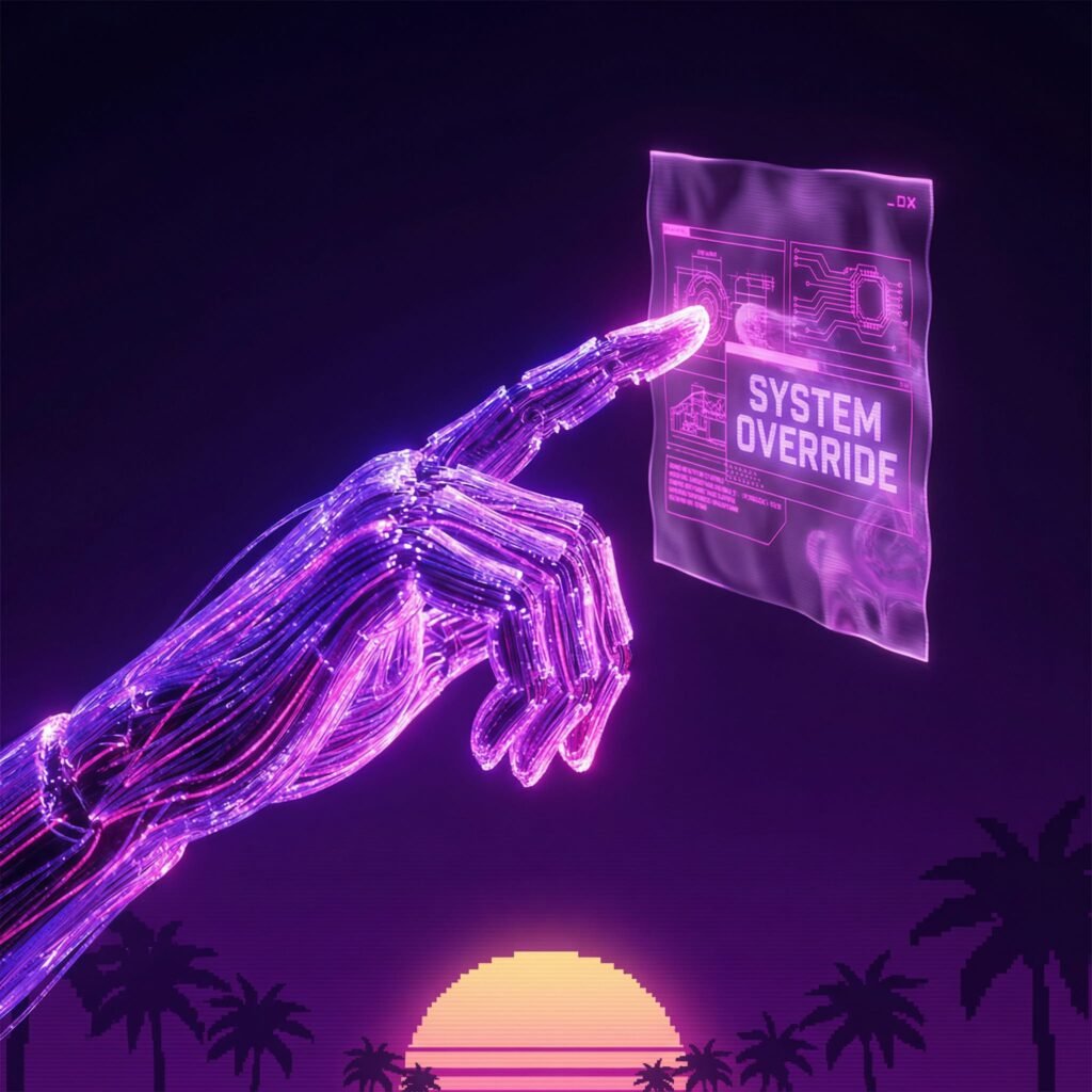 A robotic hand made of glowing neon light filaments interacting with a floating holographic prompt box in mid-air