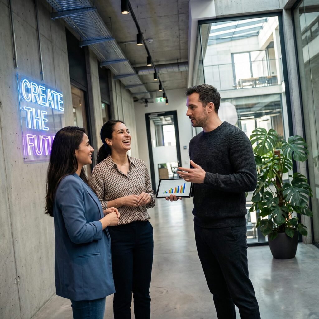 customer service team in a bright, modern open-plan office.
A woman in her 30s laughs while sharing a digital dashboard on a tablet with a colleague. 
Natural sunlight streams through floor-to-ceiling windows.
