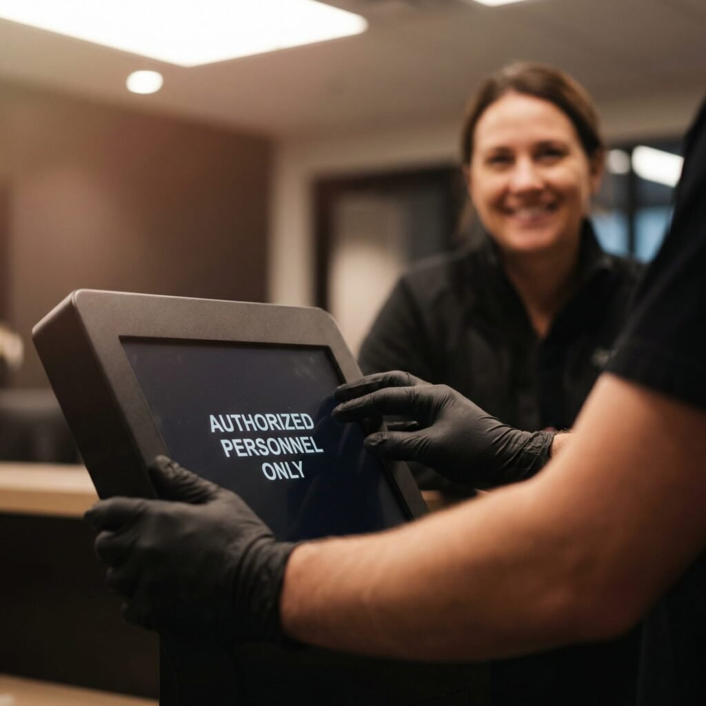 A woman in her 30s laughs while sharing a digital dashboard on a tablet with a colleague.