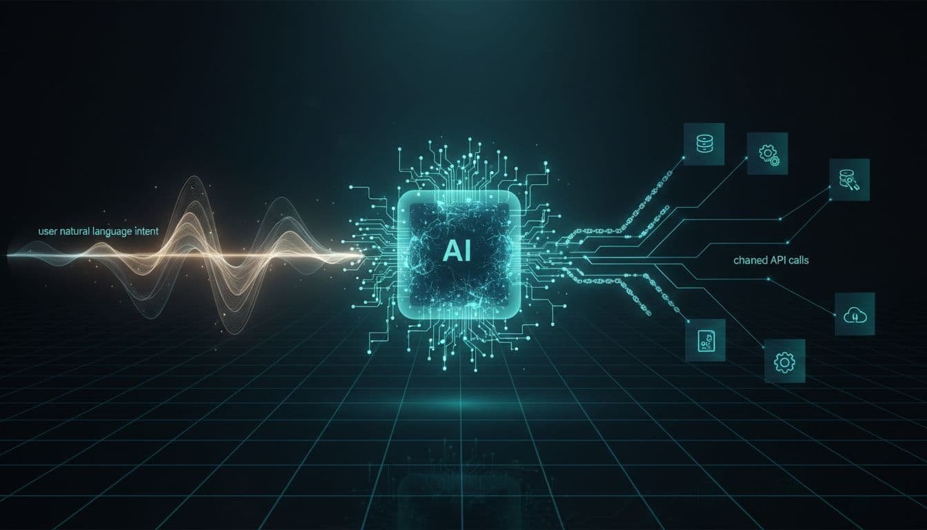 Glowing neural core in foreground turns intent into chained API calls across backend tools on dark grid.