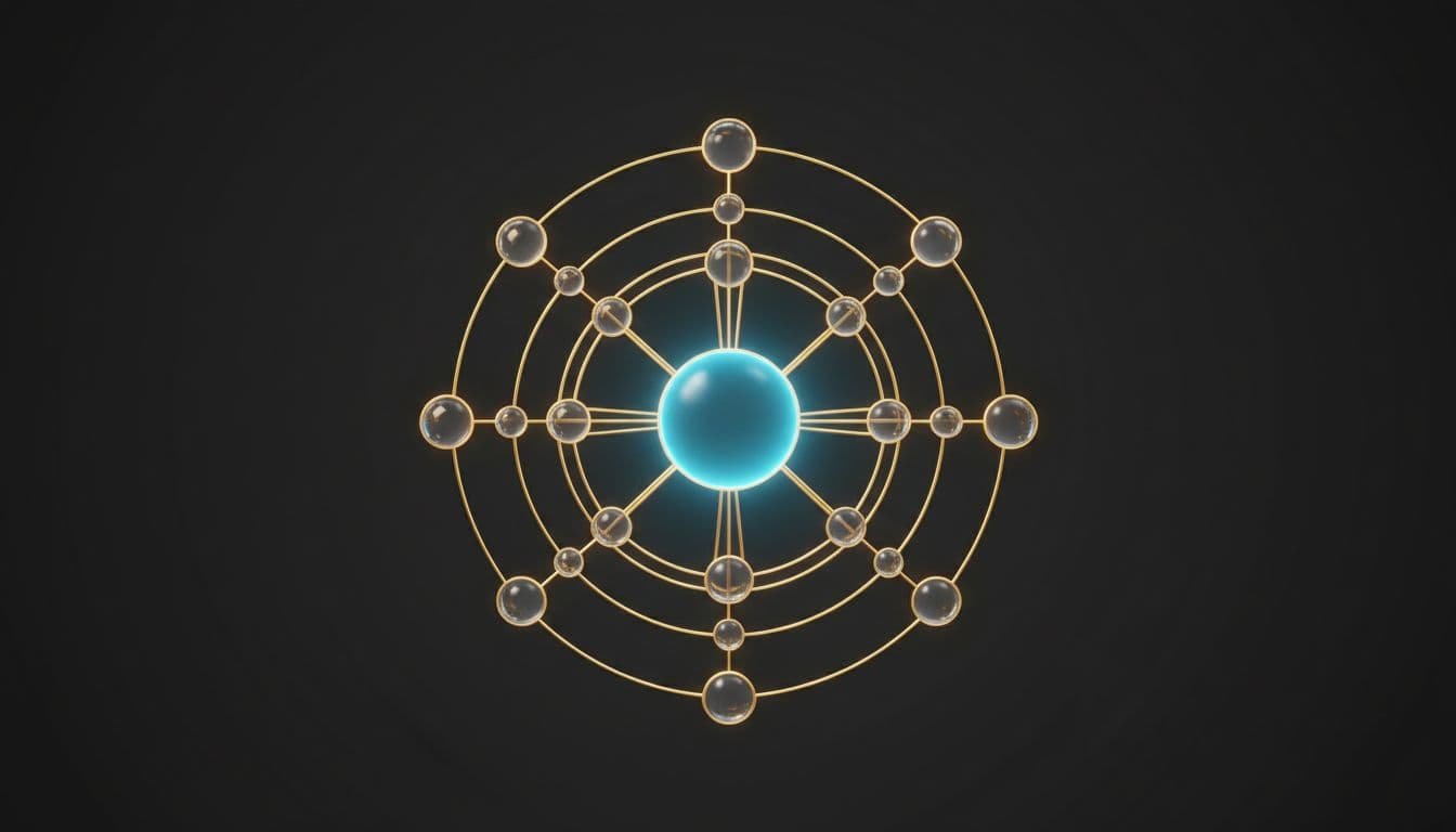 Floating glass nodes connected by gold threads on dark charcoal background, central node glowing bright blue.
