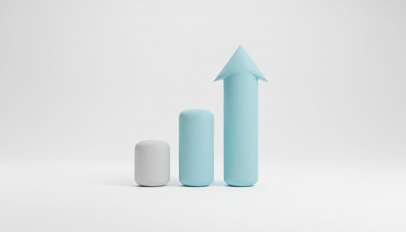 Three ascending 3D pillars in pastel blue and grey, tallest morphing into upward arrow.