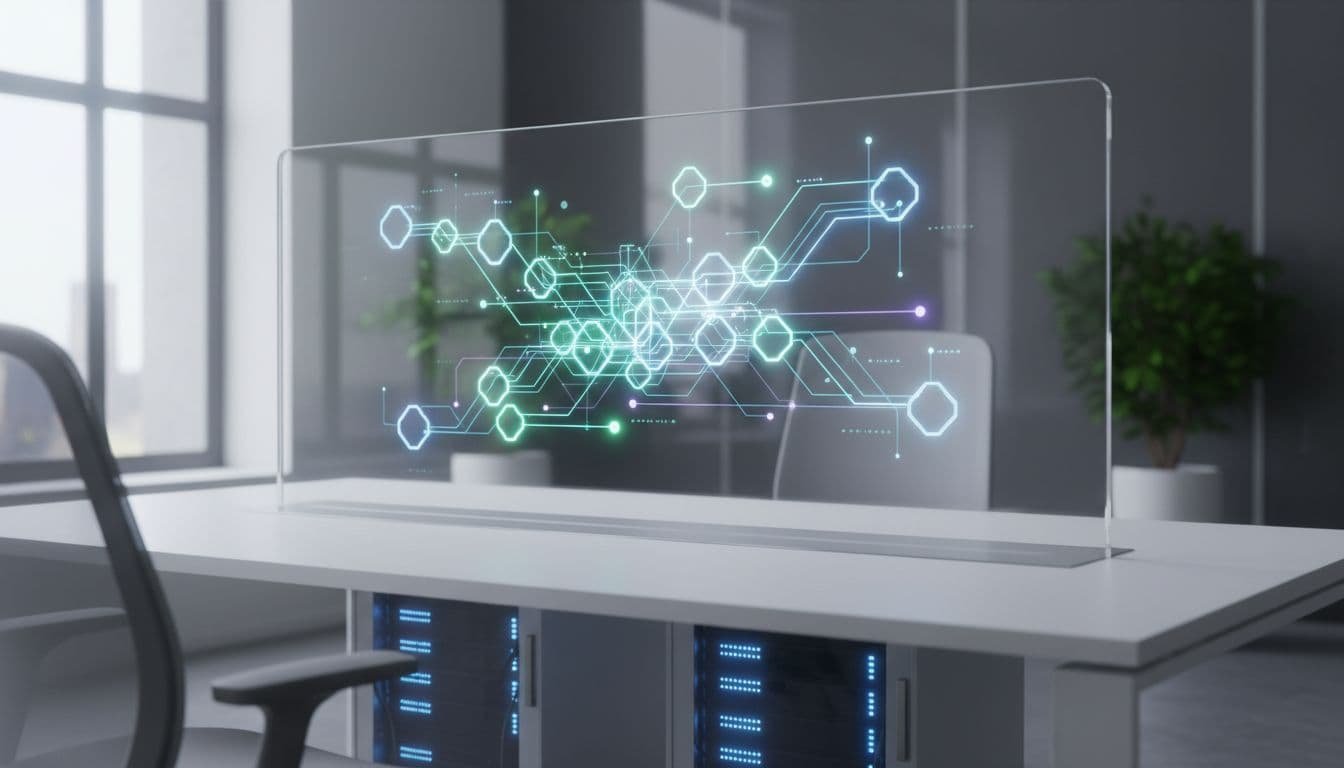 Transparent glass display shows modular API platforms and endpoints above blurred server stacks.